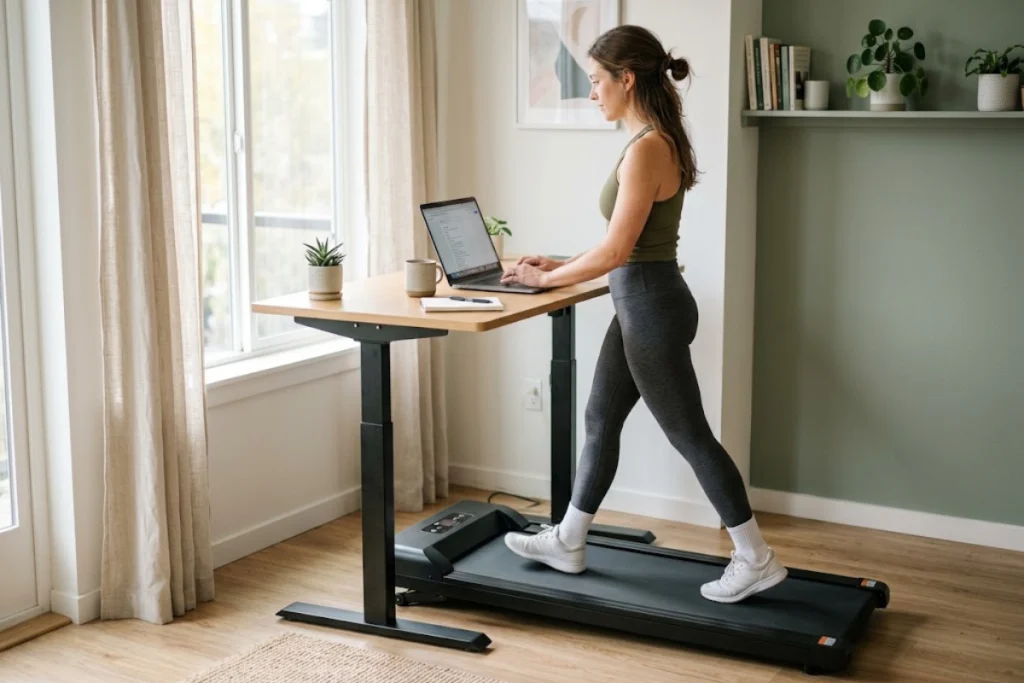 Woman using an inclined walking pad beneath a desk in a small apartment home office.