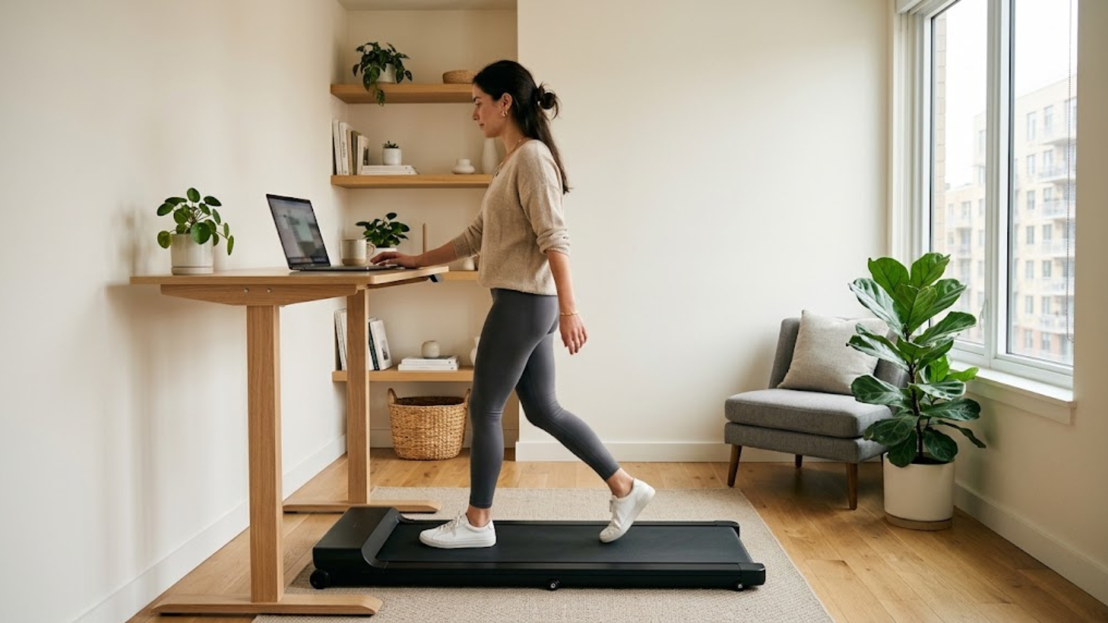 Woman using an under-desk walking pad in a small apartment