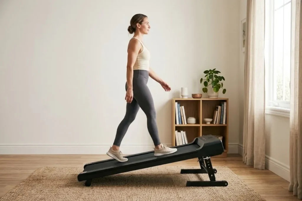 Adult walking on an inclined compact treadmill in a small apartment workout area.