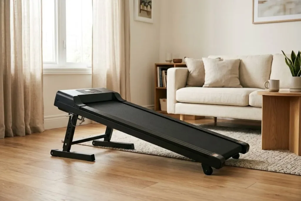 Manual-incline walking pad with raised support legs beside a sofa in a compact apartment.