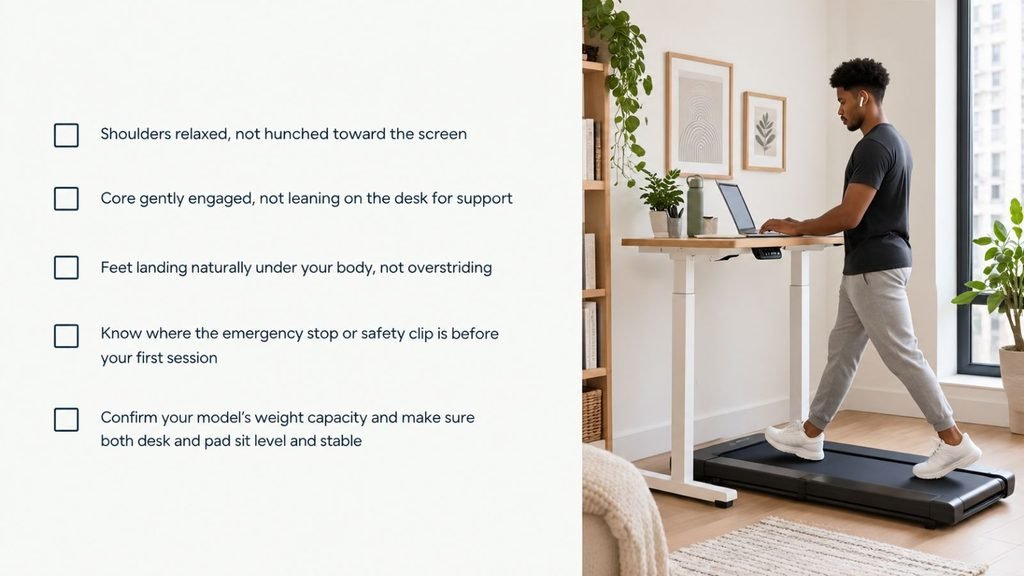 Safety and posture checklist for using a walking pad at a standing desk