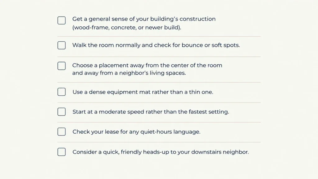 Upstairs walking pad pre-use checklist for checking floor stability, placement, matting, speed, quiet hours, and downstairs neighbors