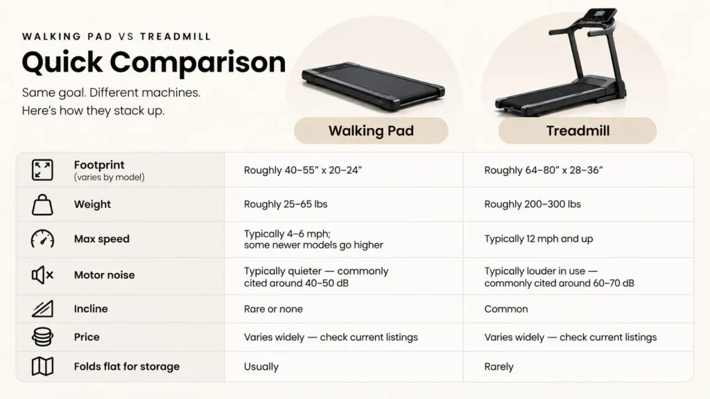 Walking pad vs treadmill comparison showing footprint, weight, speed, motor noise, incline, price, and storage