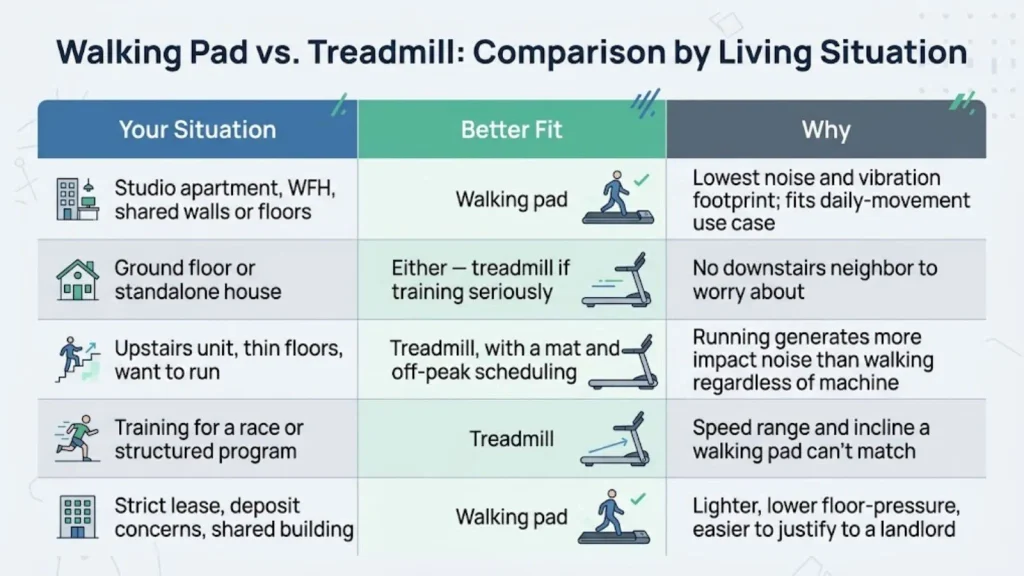 Walking Pad vs. Treadmill comparison chart detailing noise levels, floor impact, and space requirements for different living situations.