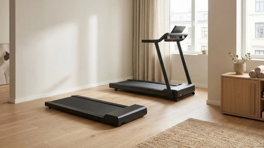 Compact walking pad and larger folding treadmill in a small home workout space.