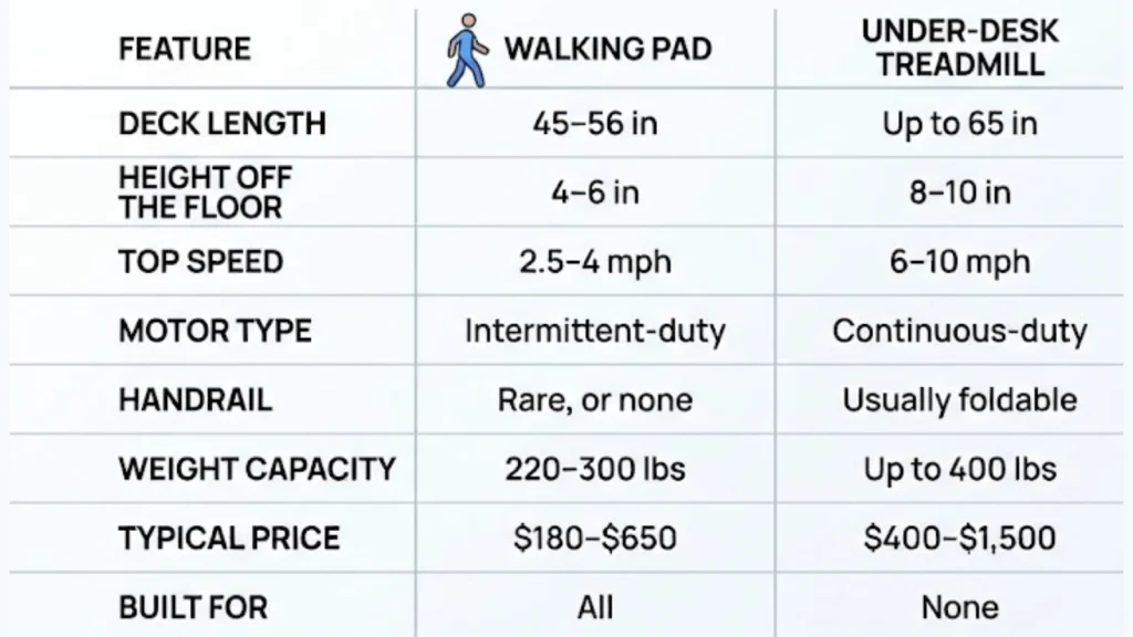 Walking pad vs under desk treadmill comparison of size, speed, motor, handrail, and intended use