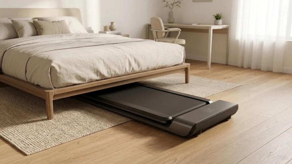 WalkingPad A1 Pro folded under furniture in a small apartment
