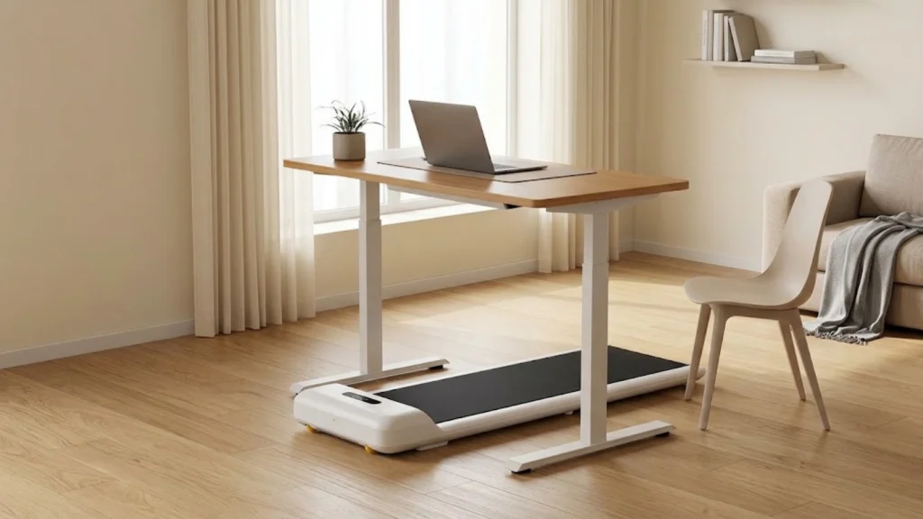 WalkingPad C2 under a standing desk in a small apartment home office
