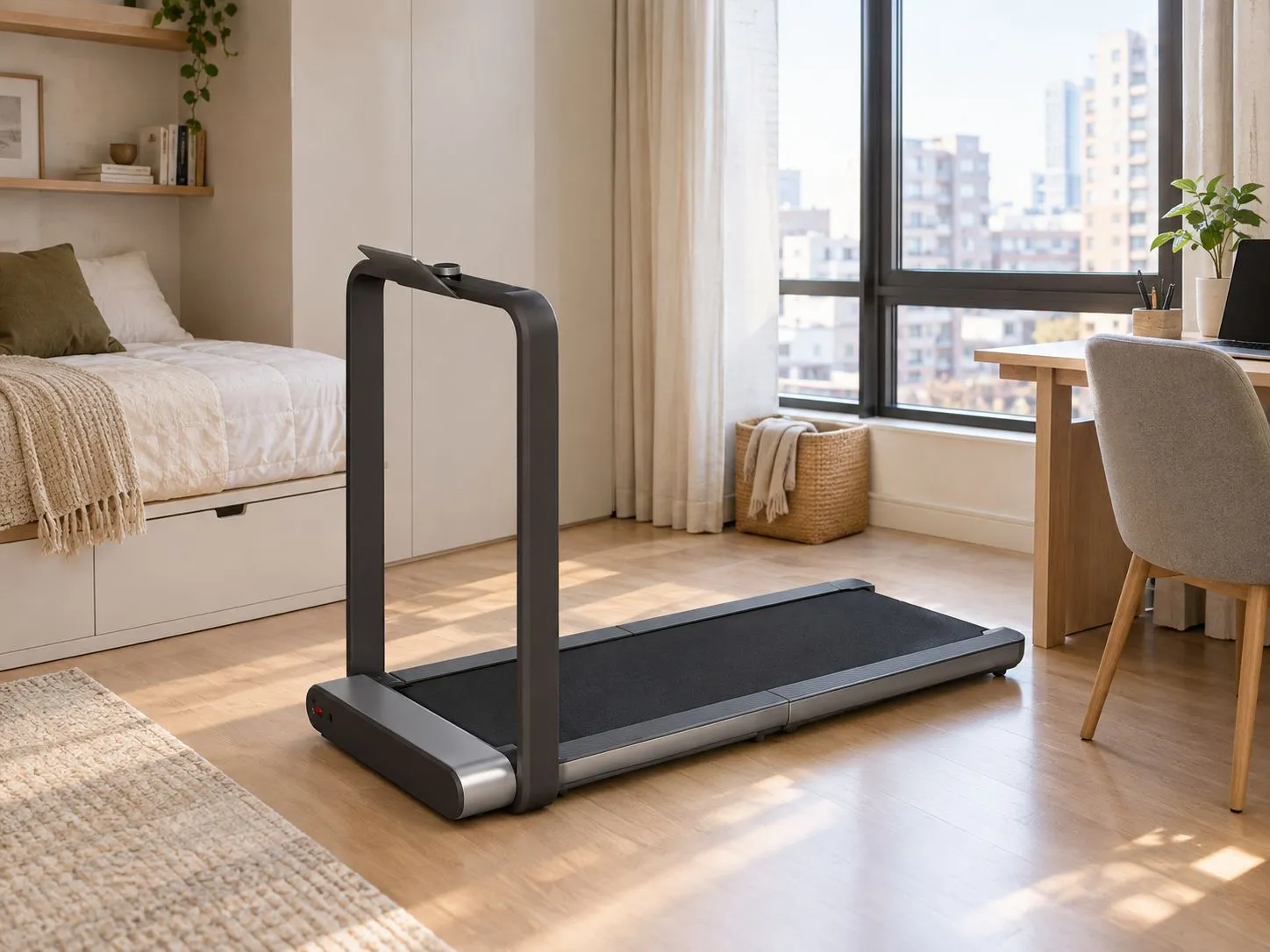 WalkingPad X21 compact treadmill stored in a small apartment