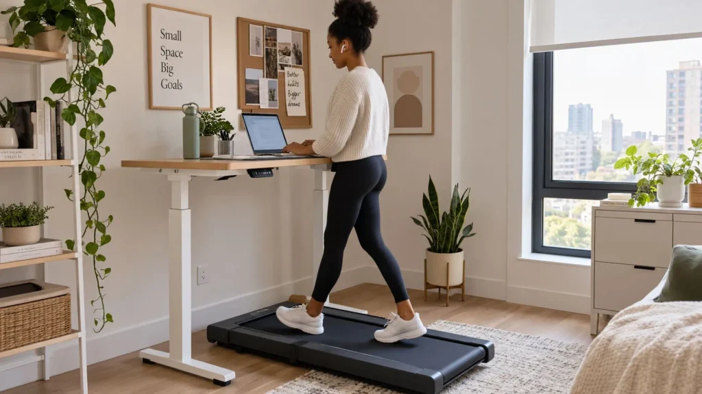 Woman walking on a walking pad under a raised standing desk in a small apartment home office