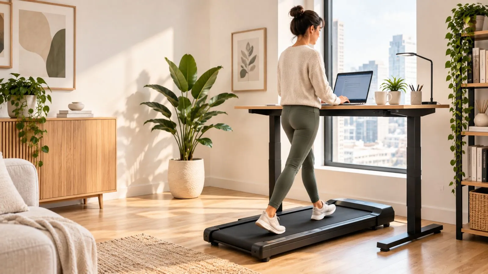 Woman using an under-desk treadmill at a standing desk in a home office