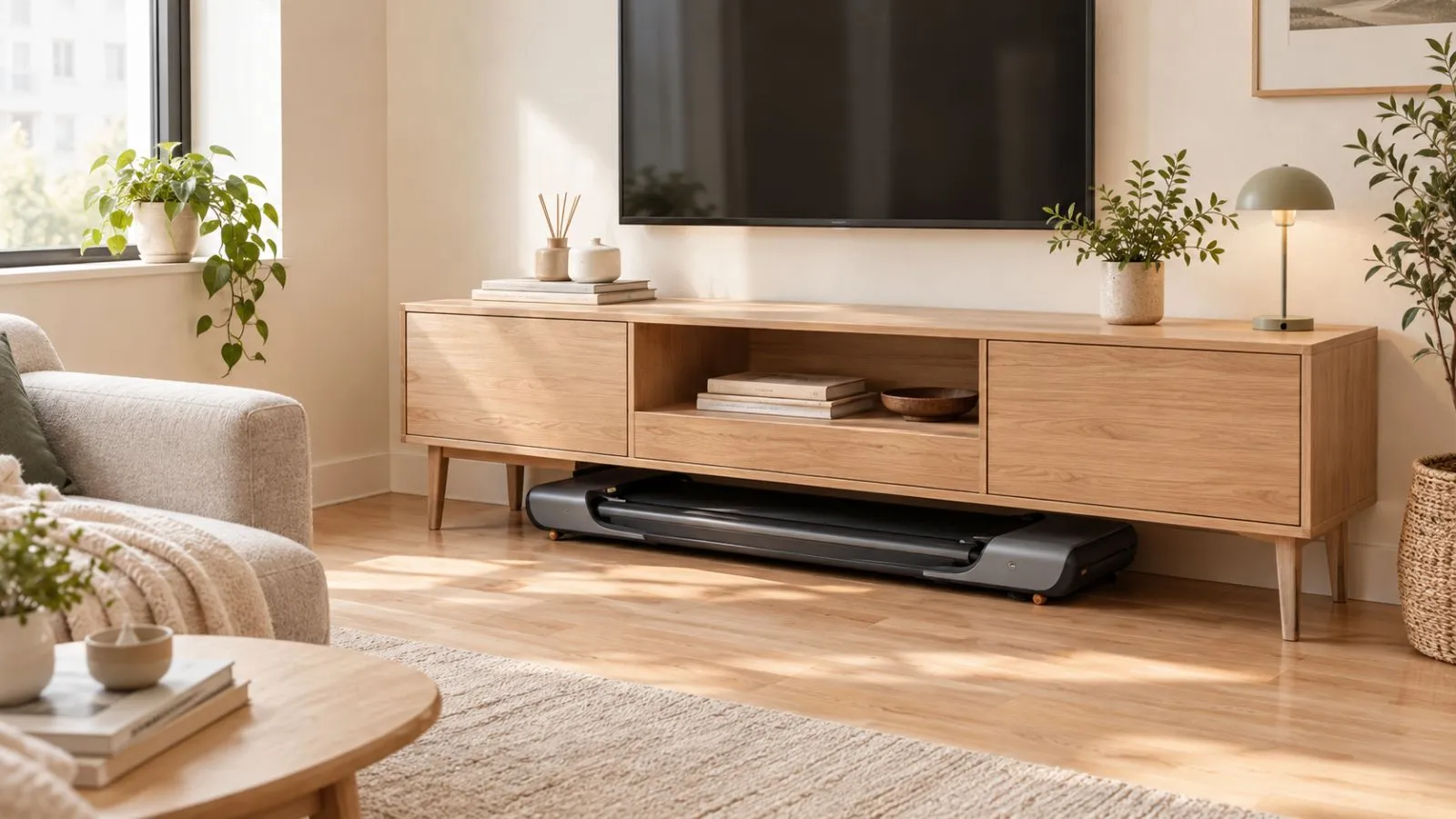 Compact walking pad stored beneath a media console in a small apartment living room