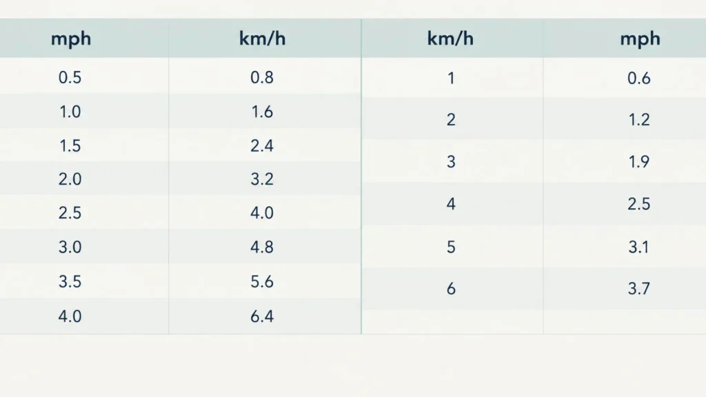 Walking pad speed comparison chart showing miles per hour (mph) and kilometers per hour (km/h).