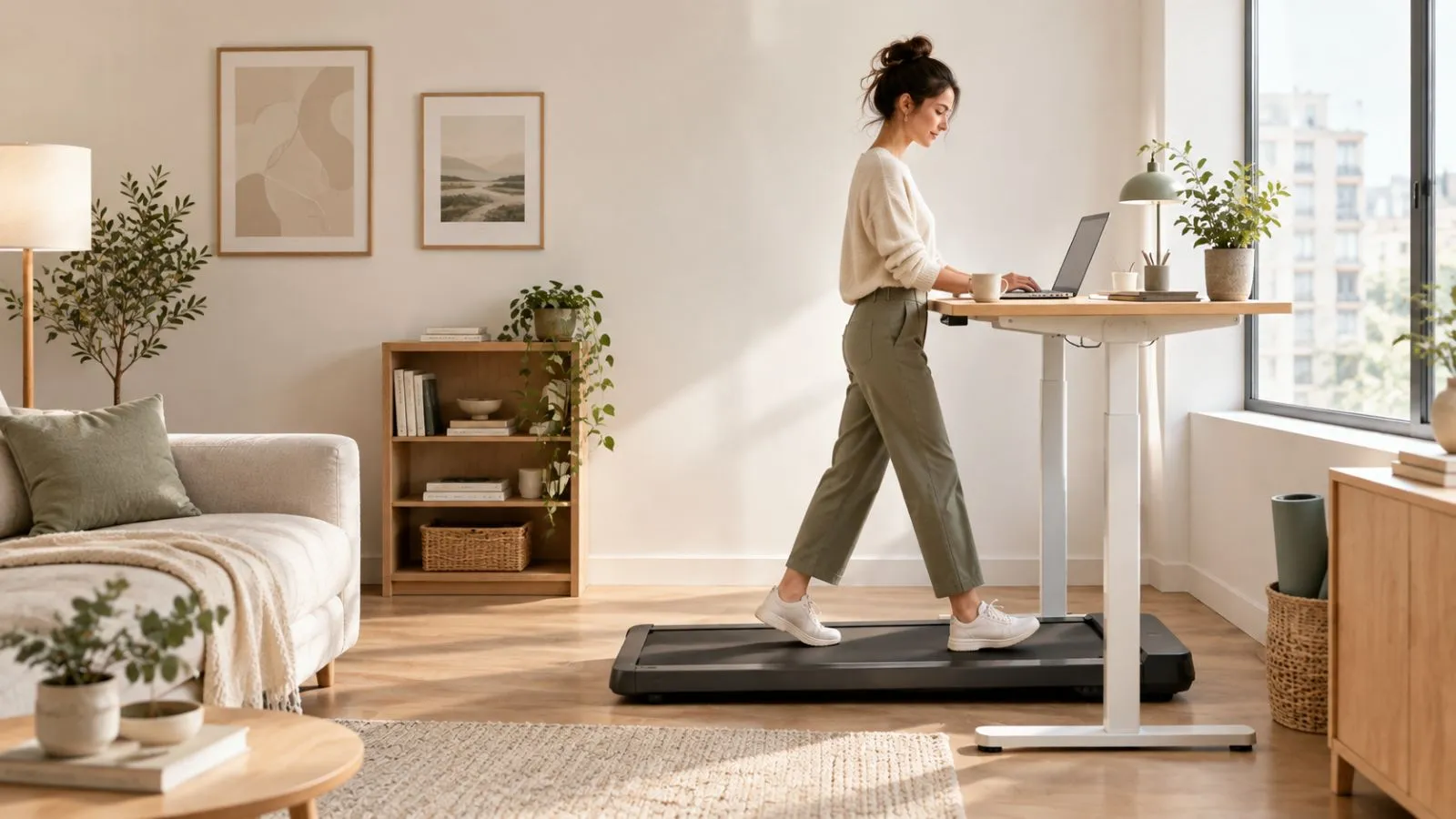 Woman using an under-desk treadmill at a standing desk in a compact home office