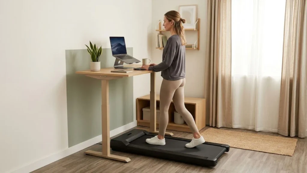 Person using an under-desk treadmill at an adjustable desk while working on a laptop