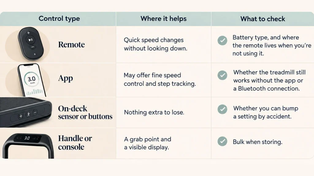 Comparison table of walking pad control types, including remote, app, on-deck sensors or buttons, and handle or console controls.